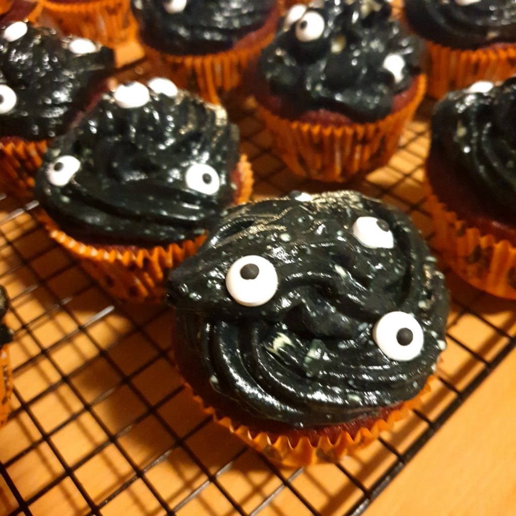 Spooky red velvet cupcake with eyes